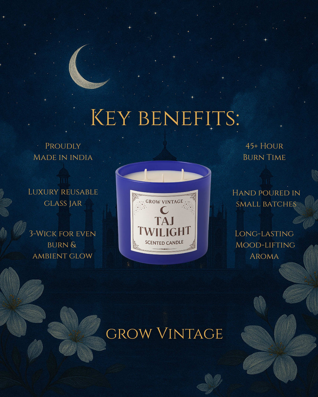 Scented Candle-Taj Twilight |Jasmine, Lily, Musk & White Oudh Aroma|Luxury Soy Wax Candle with Lead-Free Wick|55 Hours Burn | Matte Glass Jar Home Décor Candle for Relaxation & Meditation