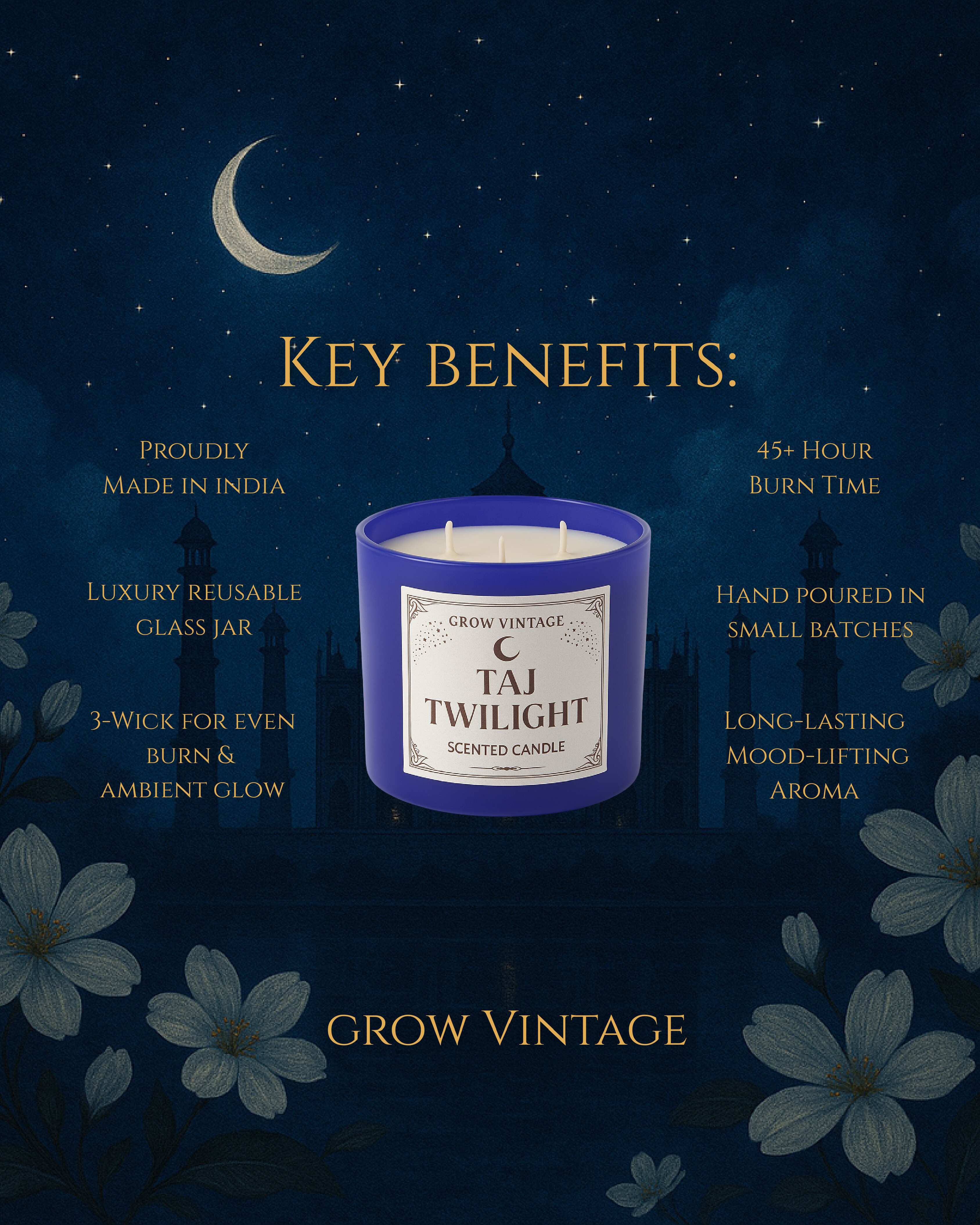 Scented Candle-Taj Twilight |Jasmine, Lily, Musk & White Oudh Aroma|Luxury Soy Wax Candle with Lead-Free Wick|55 Hours Burn | Matte Glass Jar Home Décor Candle for Relaxation & Meditation
