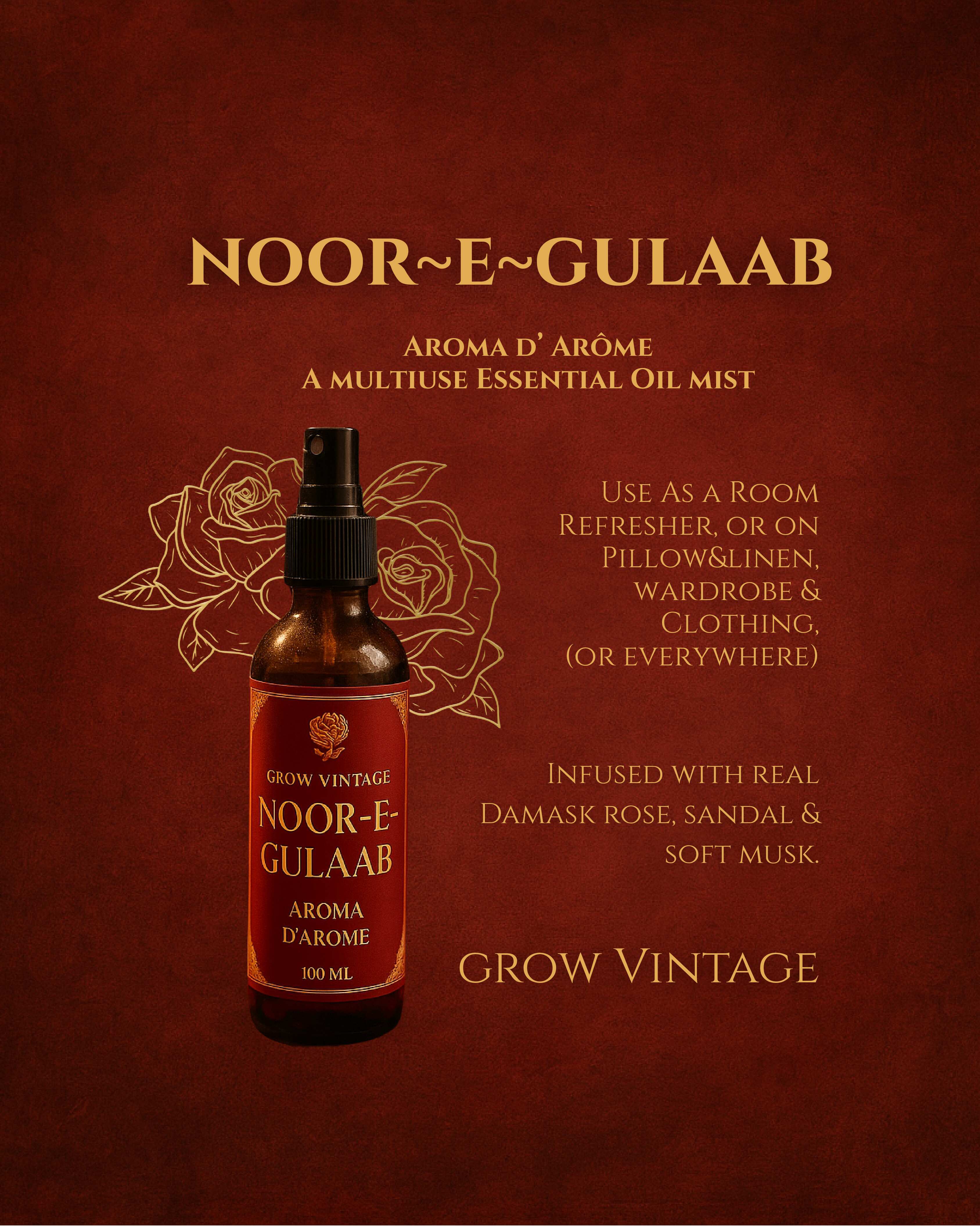 Aroma D’Arome Noor-E-Gulaab Oil Spray | Luxury Rose, Amber & Musk Essential Oil Mist | Long-Lasting Floral Room Fragrance & Aura Mist | Mughal-Inspired Natural Scent, 100 ml
