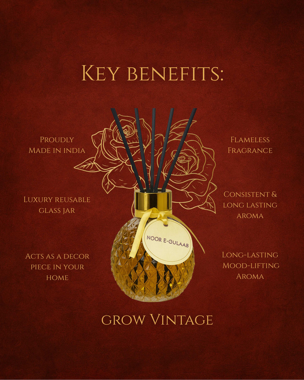 Noor-e-Gulaab | Reed Diffuser Oil with sticks (100 ML) | Room Fragrance