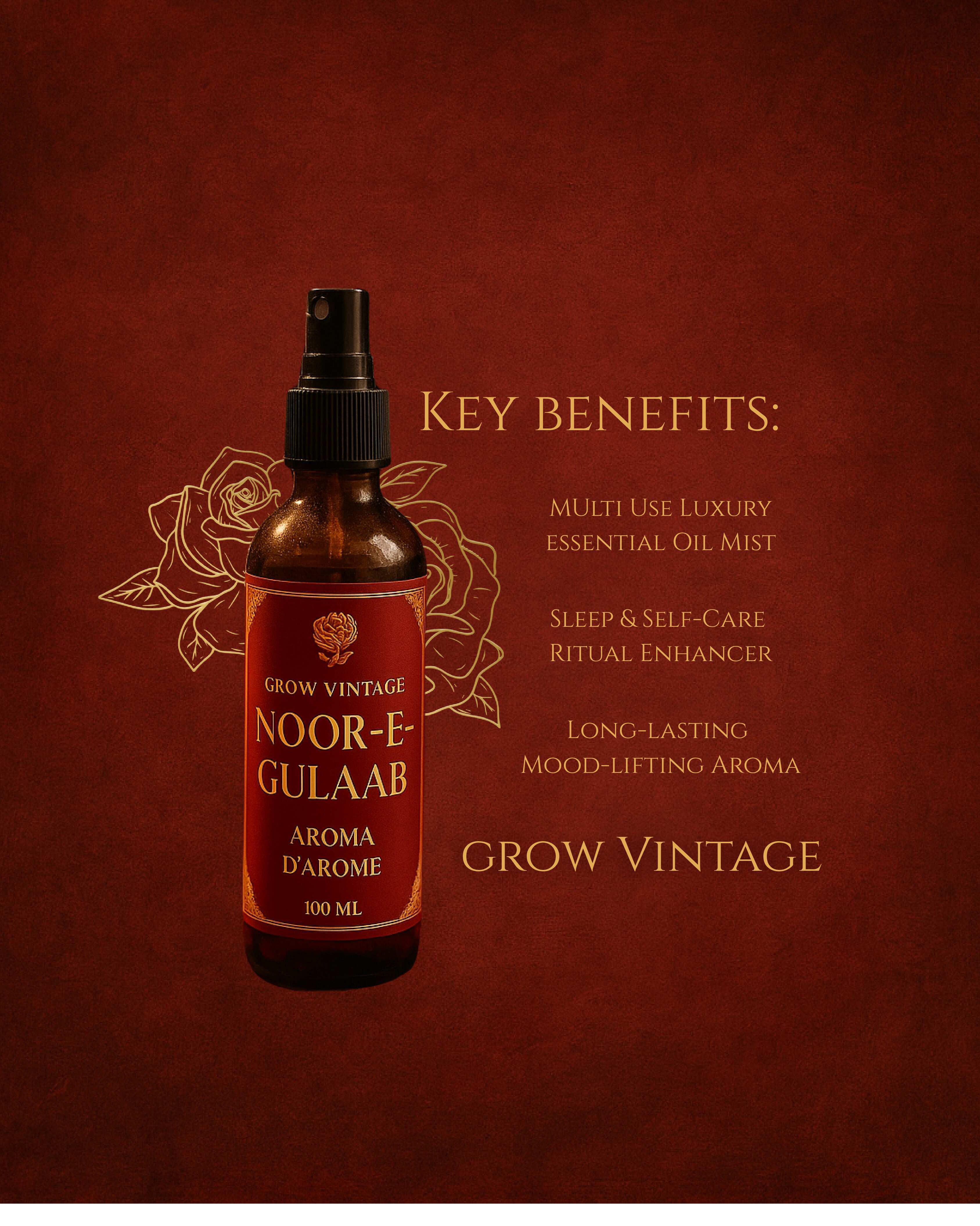 Aroma D’Arome Noor-E-Gulaab Oil Spray | Luxury Rose, Amber & Musk Essential Oil Mist | Long-Lasting Floral Room Fragrance & Aura Mist | Mughal-Inspired Natural Scent, 100 ml