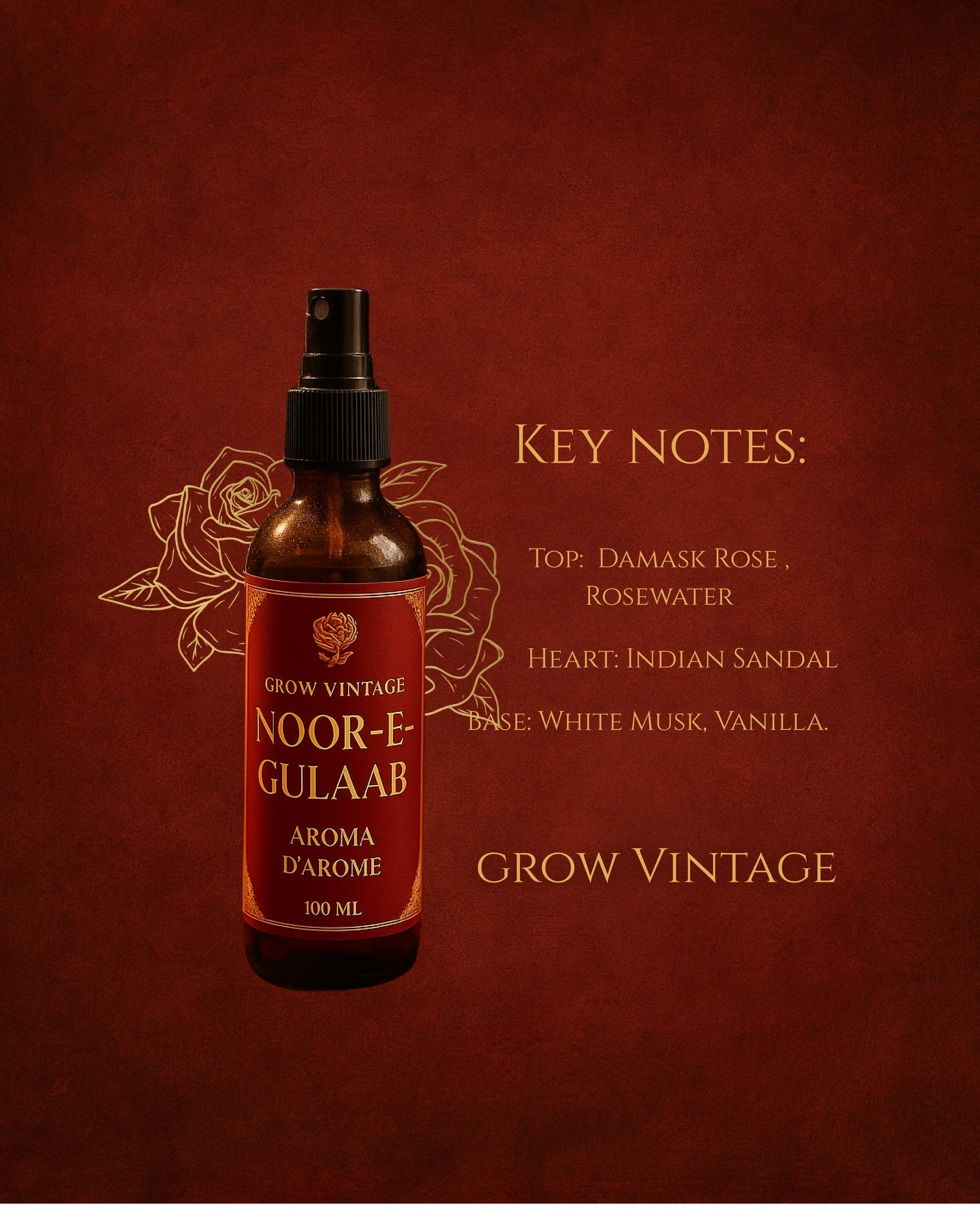 Aroma D’Arome Noor-E-Gulaab Oil Spray | Luxury Rose, Amber & Musk Essential Oil Mist | Long-Lasting Floral Room Fragrance & Aura Mist | Mughal-Inspired Natural Scent, 100 ml